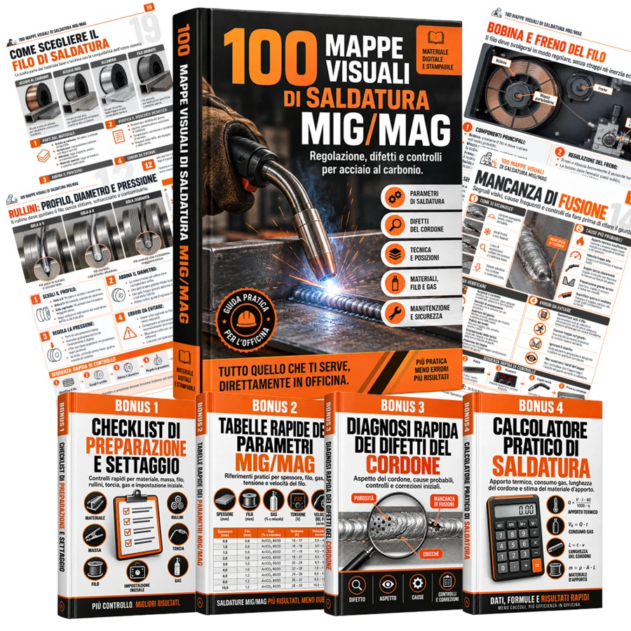 Mockup del pacchetto 100 Mappe Visuali di Saldatura MIG/MAG con le mappe e i quattro bonus operativi